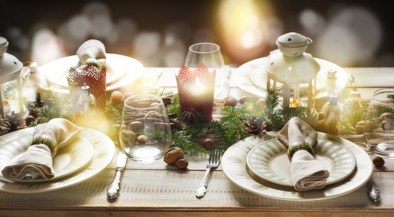 Christmas table setting. Holiday Decorations.